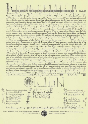 Bula "Religiosam Vitam" del Papa Honorio III, fechada en Roma el día 22 de diciembre de 1216 por la que se confirmó la Orden de Predicadores